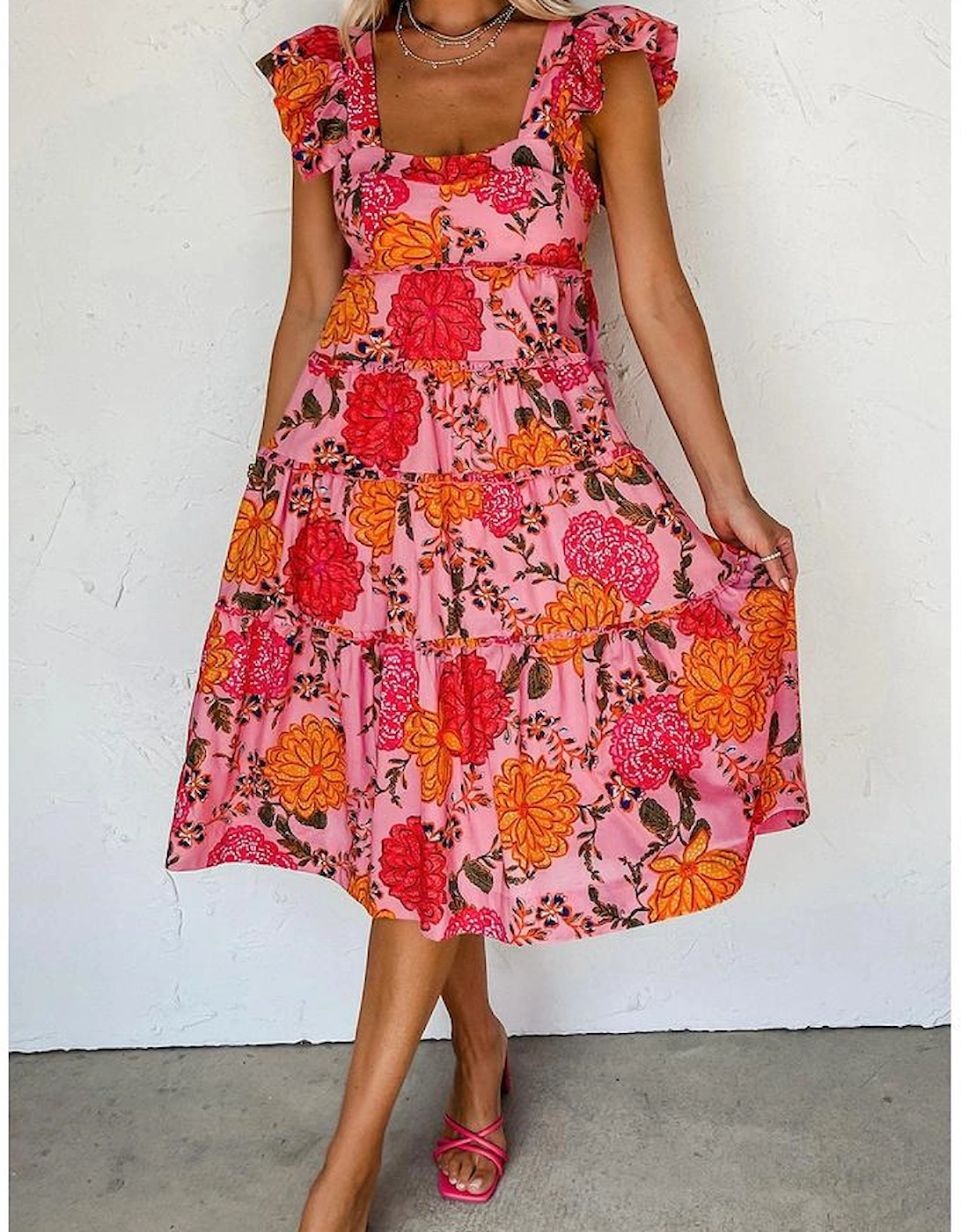 Pink Floral Square Neck Ruffled Flutter Sleeve Tiered Midi Dress