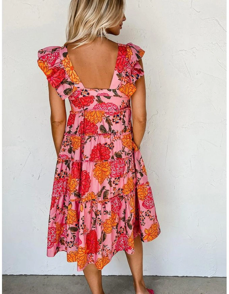 Pink Floral Square Neck Ruffled Flutter Sleeve Tiered Midi Dress