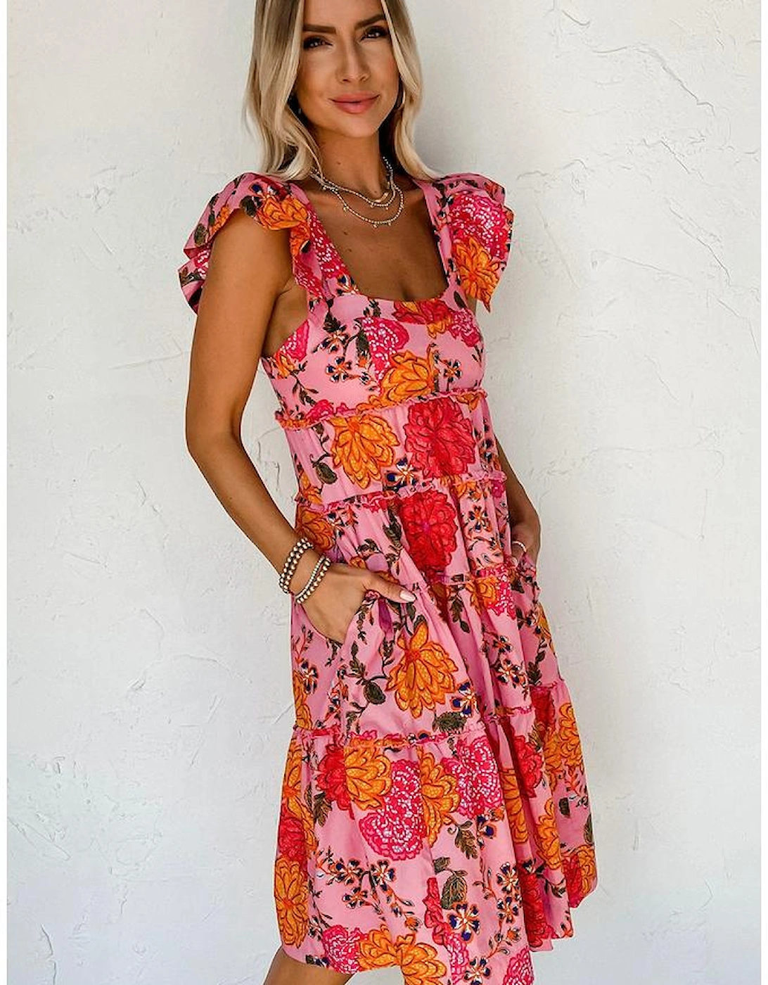 Pink Floral Square Neck Ruffled Flutter Sleeve Tiered Midi Dress