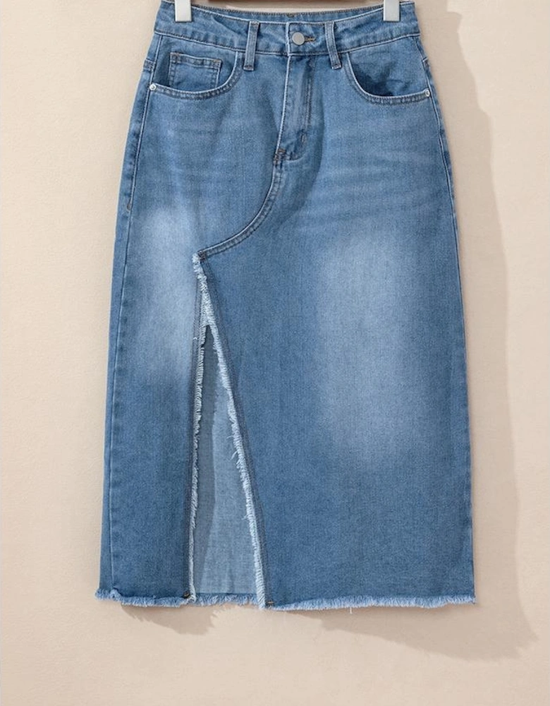 Light Blue Frayed Slit Asymmetric Denim Midi Skirt