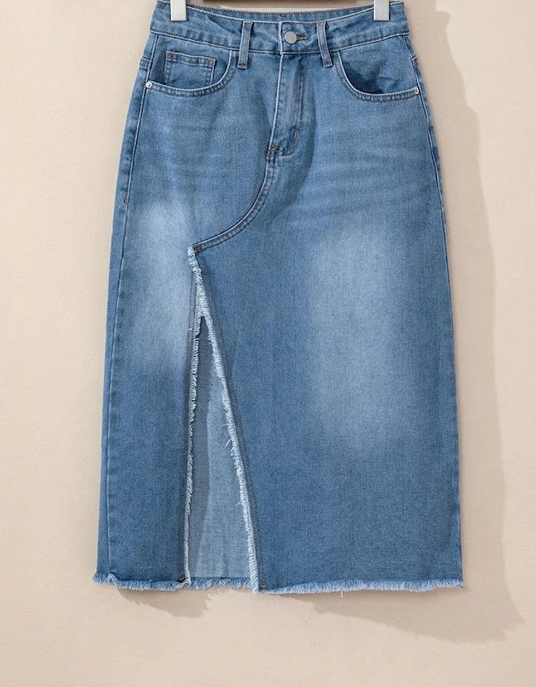 Light Blue Frayed Slit Asymmetric Denim Midi Skirt