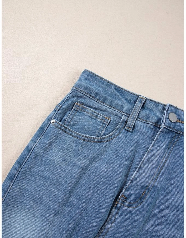 Light Blue Frayed Slit Asymmetric Denim Midi Skirt