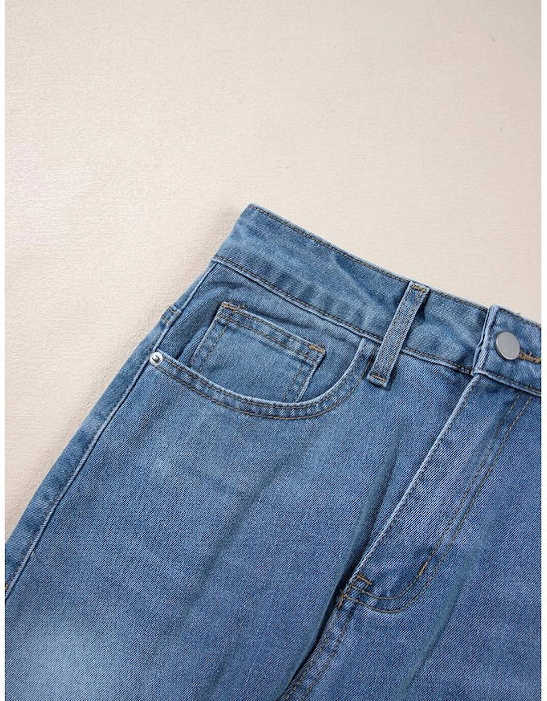 Light Blue Frayed Slit Asymmetric Denim Midi Skirt