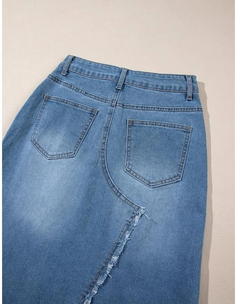 Light Blue Frayed Slit Asymmetric Denim Midi Skirt