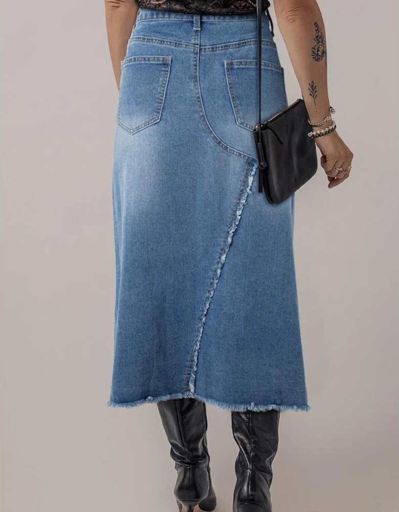 Light Blue Frayed Slit Asymmetric Denim Midi Skirt