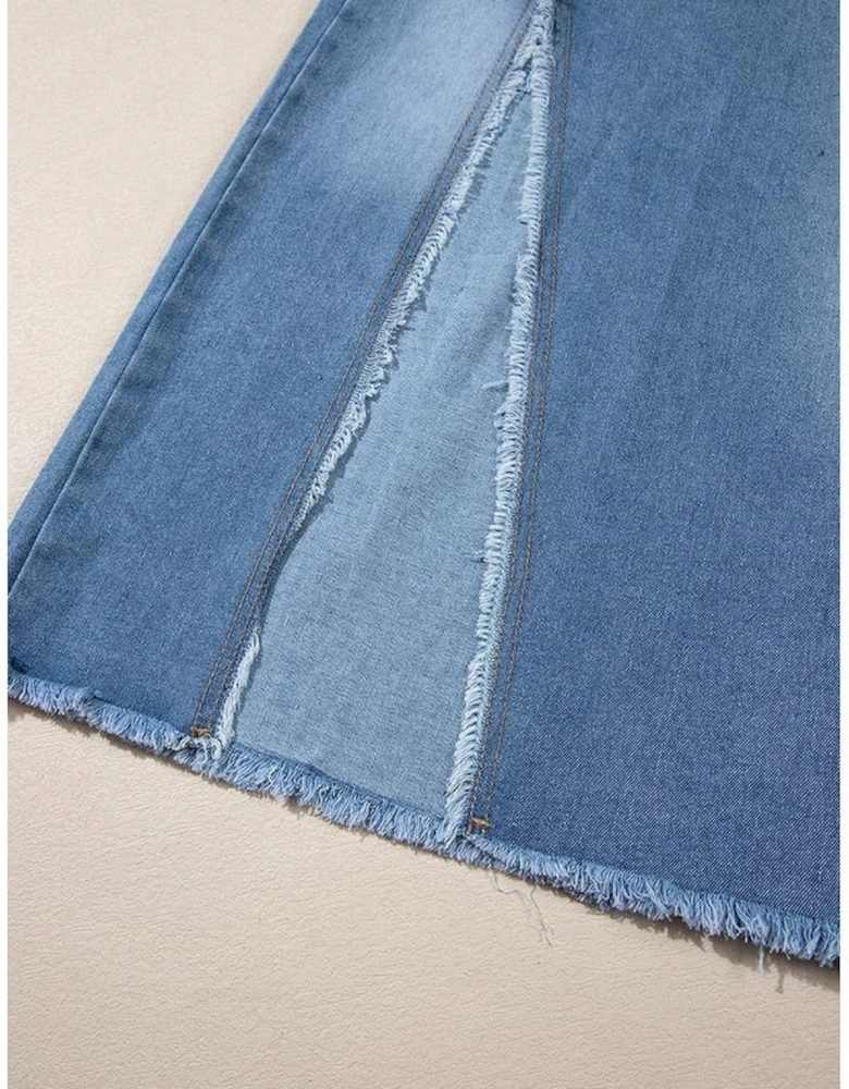 Light Blue Frayed Slit Asymmetric Denim Midi Skirt