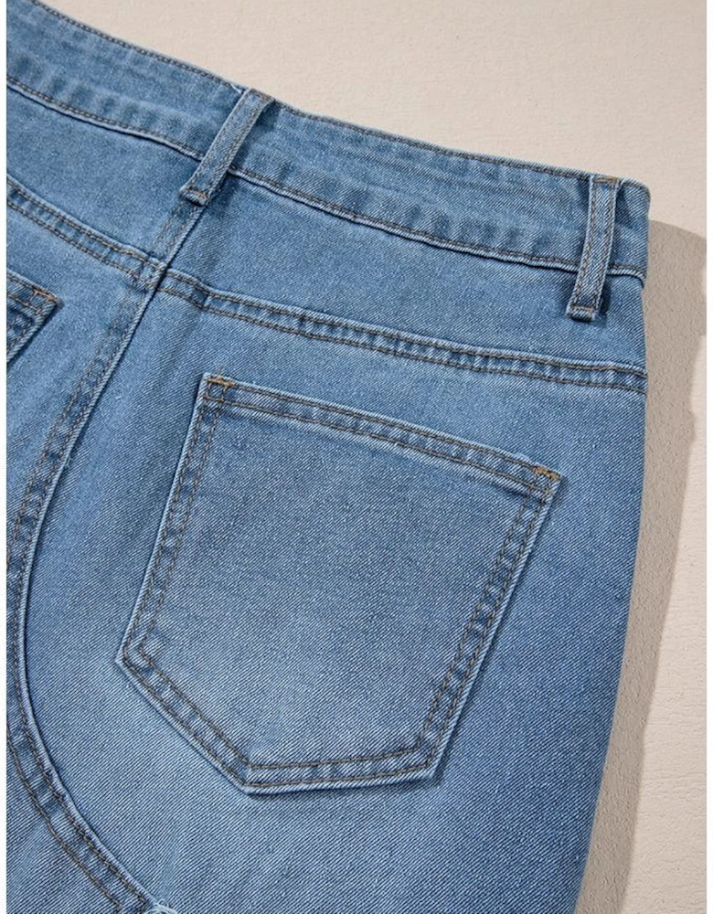 Light Blue Frayed Slit Asymmetric Denim Midi Skirt