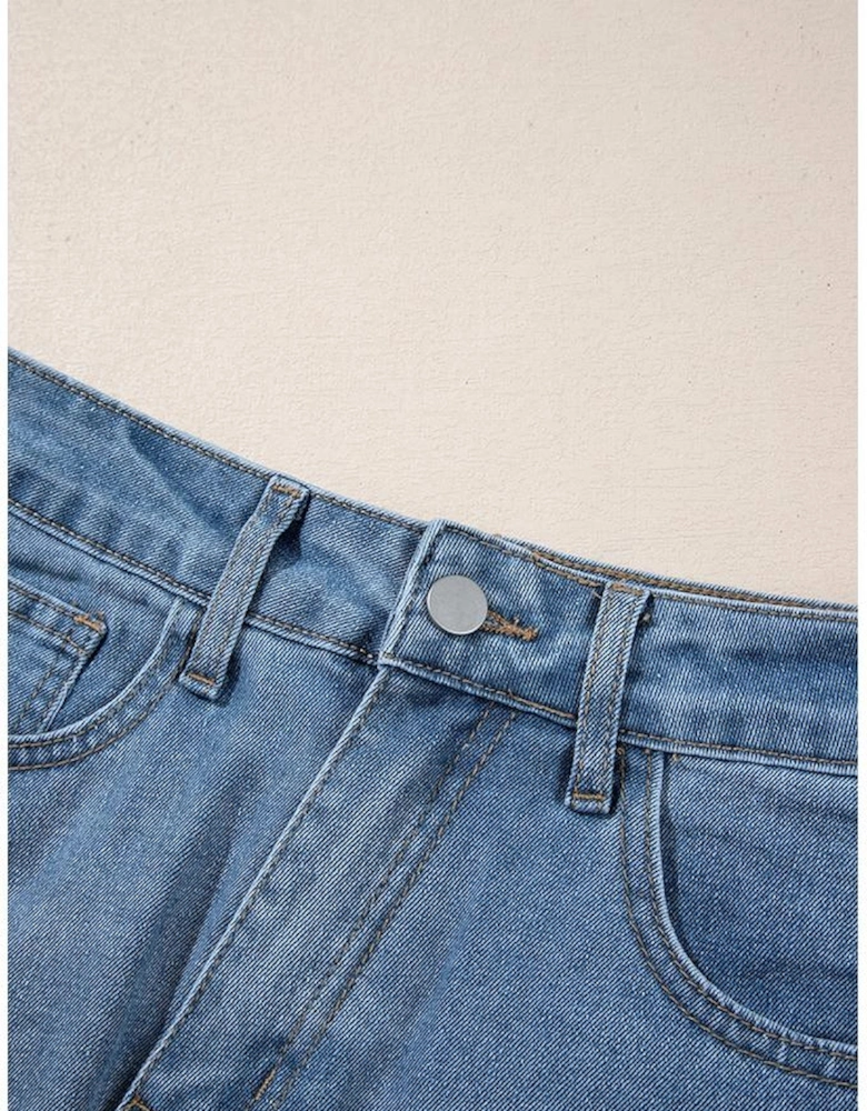 Light Blue Frayed Slit Asymmetric Denim Midi Skirt