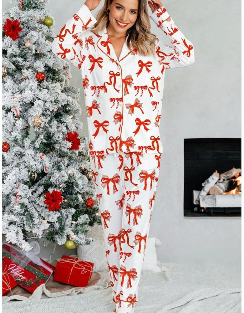 Red Christmas Bow Print Long 2pcs Pajama Set