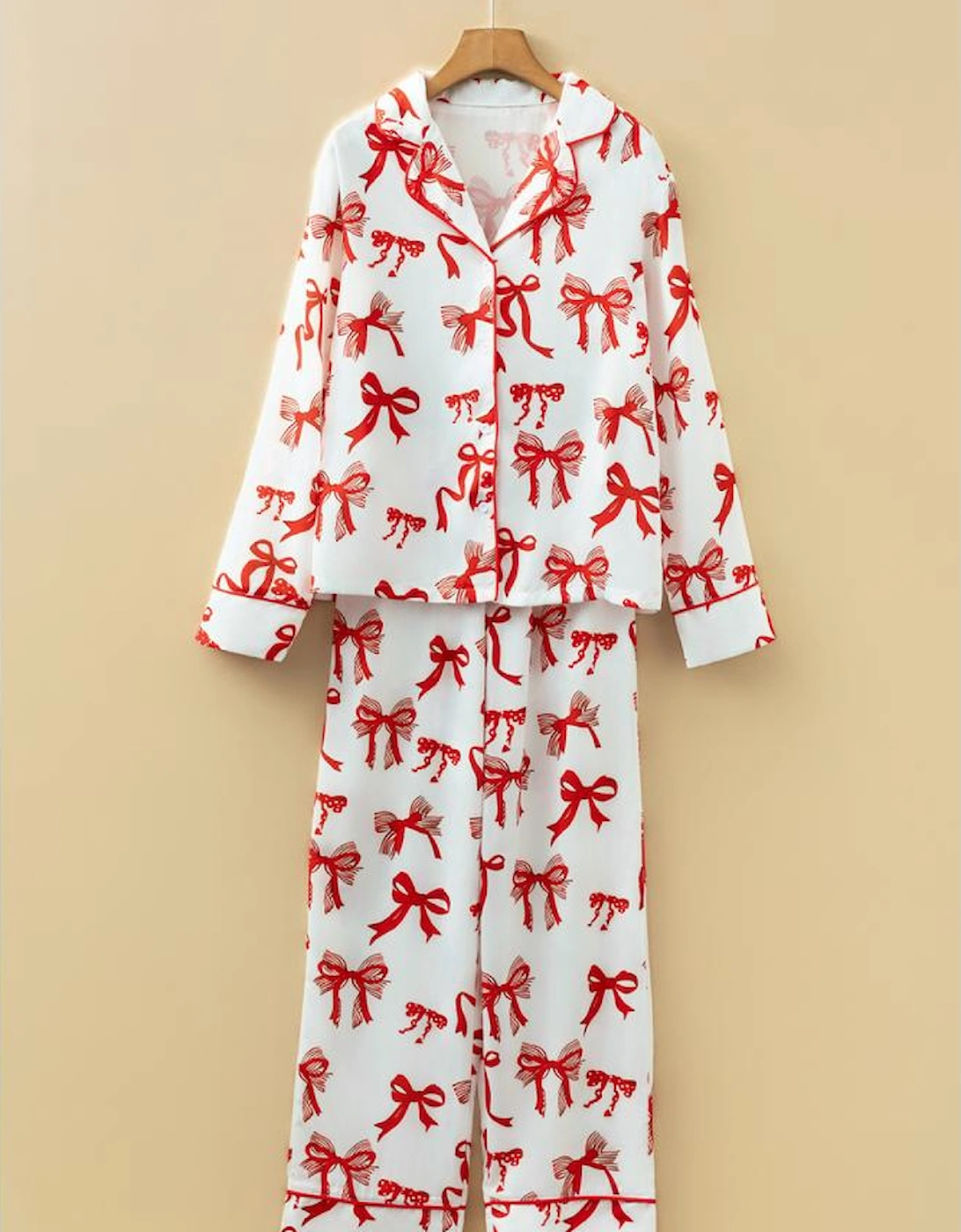 Red Christmas Bow Print Long 2pcs Pajama Set