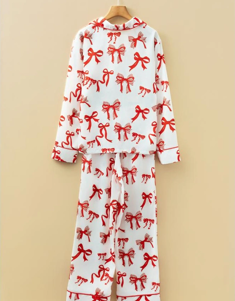 Red Christmas Bow Print Long 2pcs Pajama Set