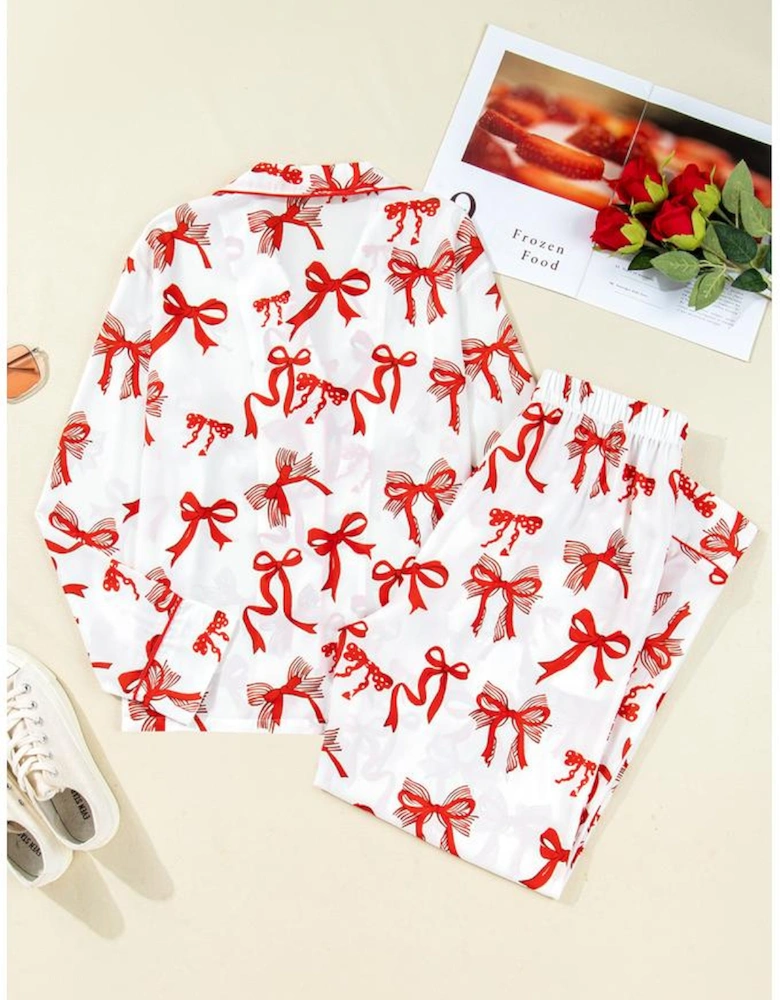 Red Christmas Bow Print Long 2pcs Pajama Set