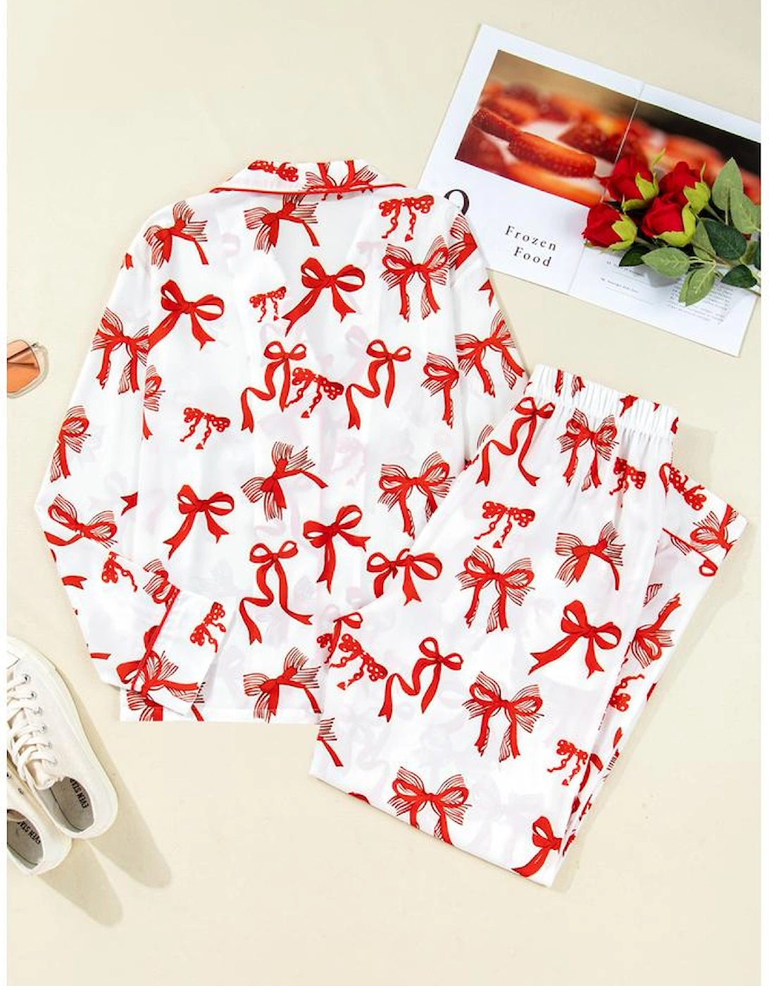 Red Christmas Bow Print Long 2pcs Pajama Set