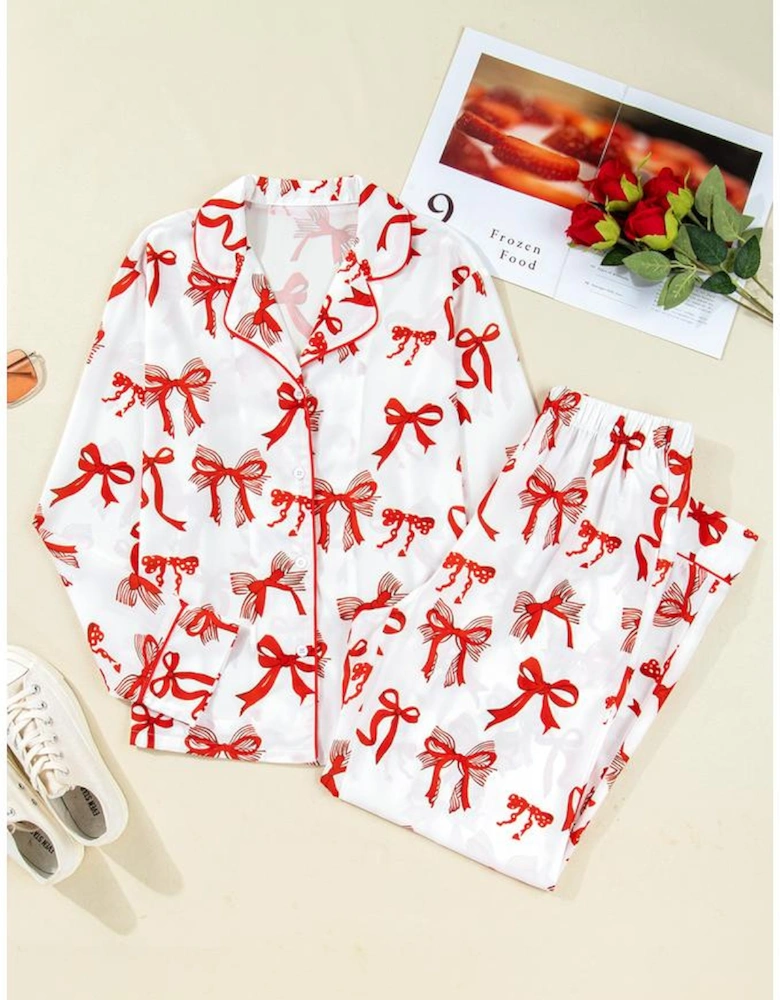Red Christmas Bow Print Long 2pcs Pajama Set