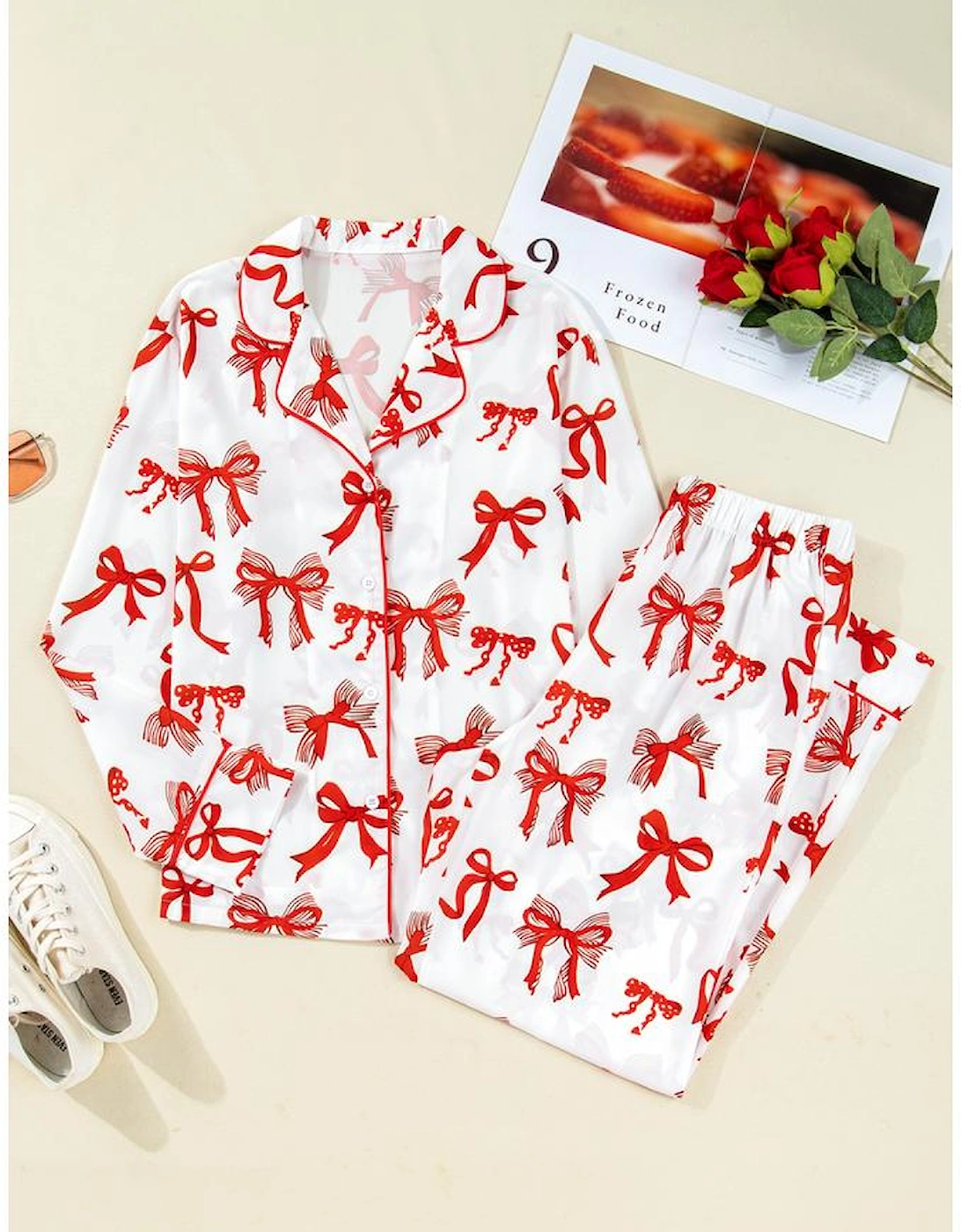 Red Christmas Bow Print Long 2pcs Pajama Set