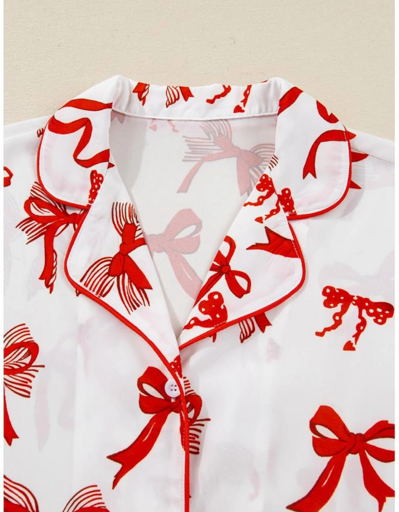 Red Christmas Bow Print Long 2pcs Pajama Set