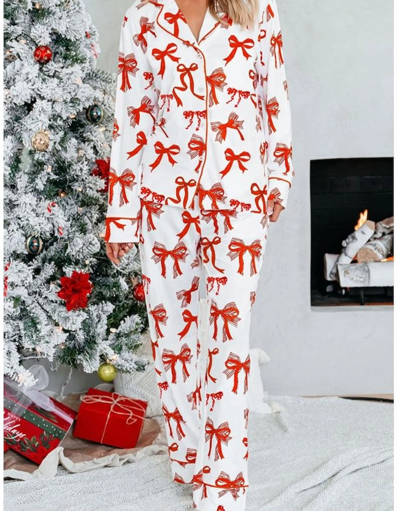 Red Christmas Bow Print Long 2pcs Pajama Set