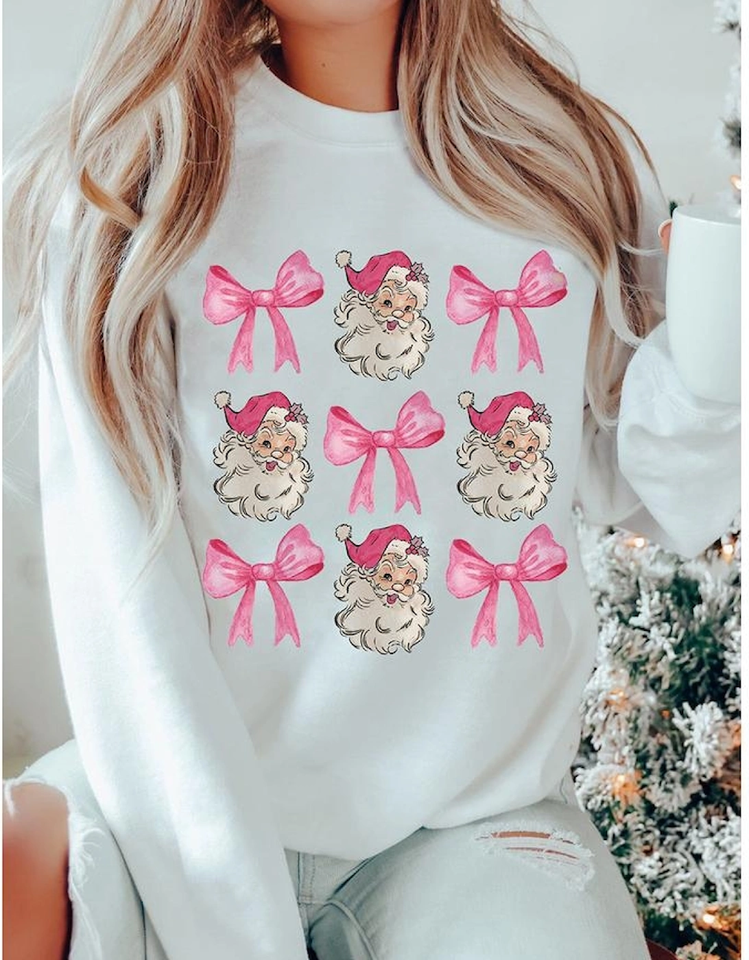 Beige Santa Claus Bowknot Pattern Christmas Sweatshirt