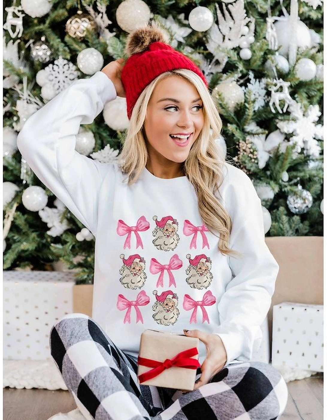 Beige Santa Claus Bowknot Pattern Christmas Sweatshirt