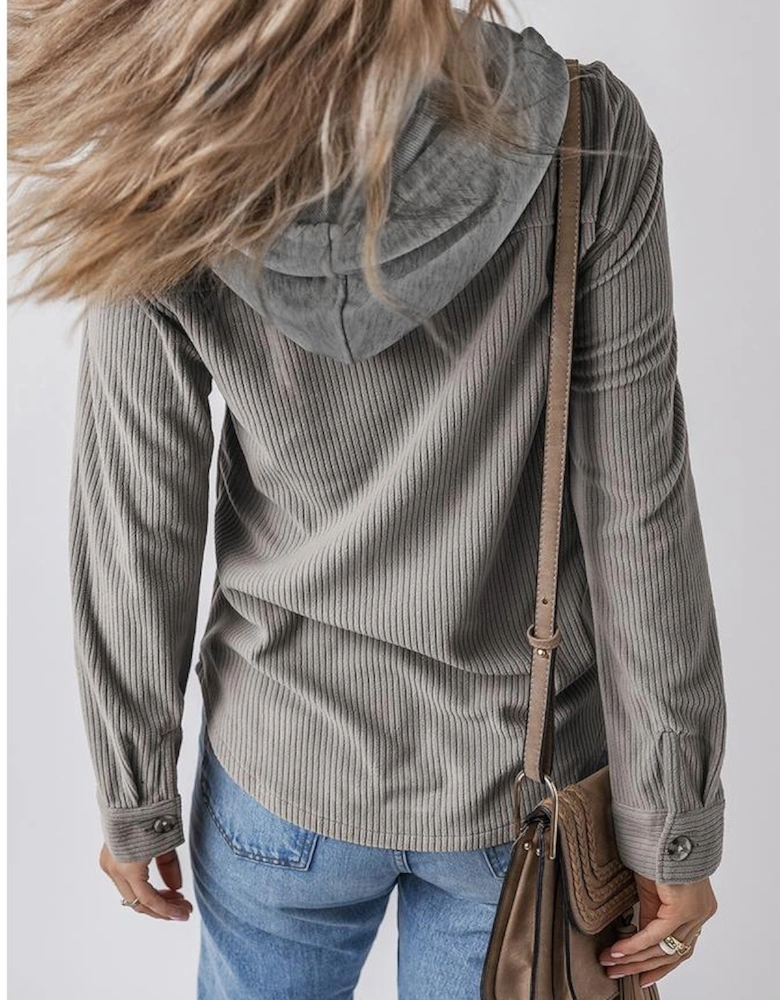 Light Grey Hooded Drawstring Pockets Corduroy Shacket