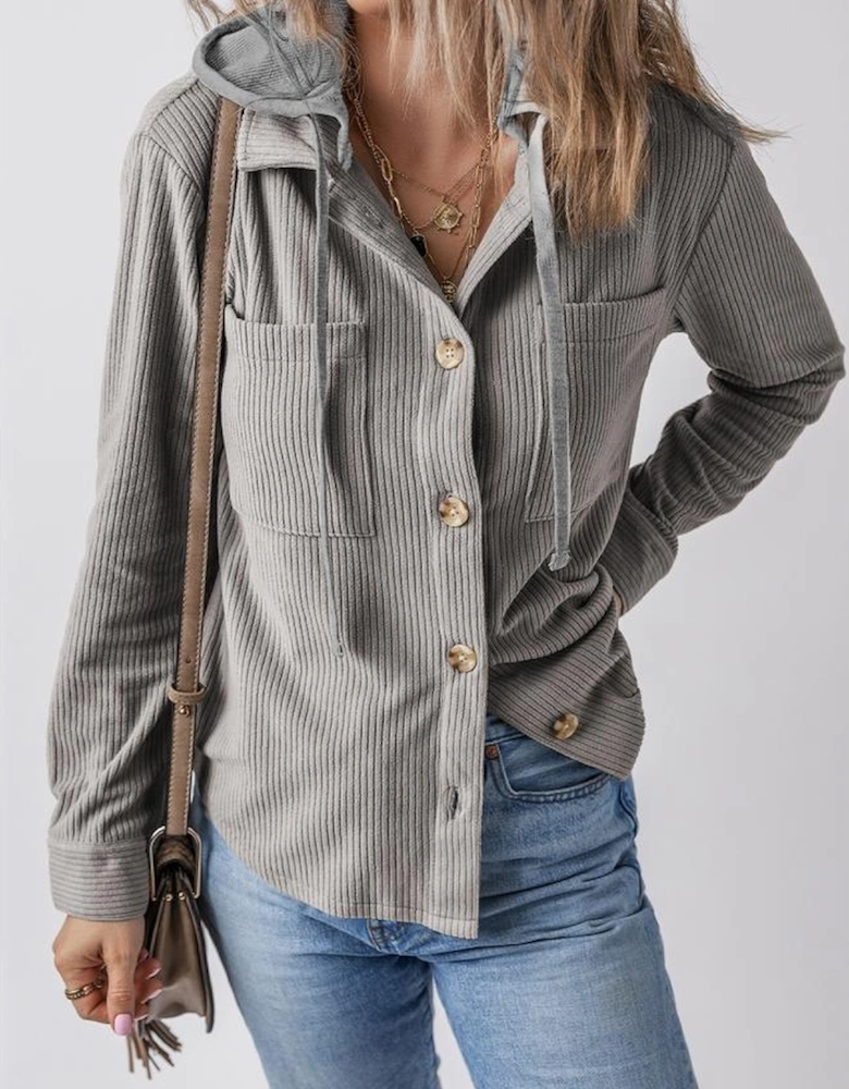 Light Grey Hooded Drawstring Pockets Corduroy Shacket