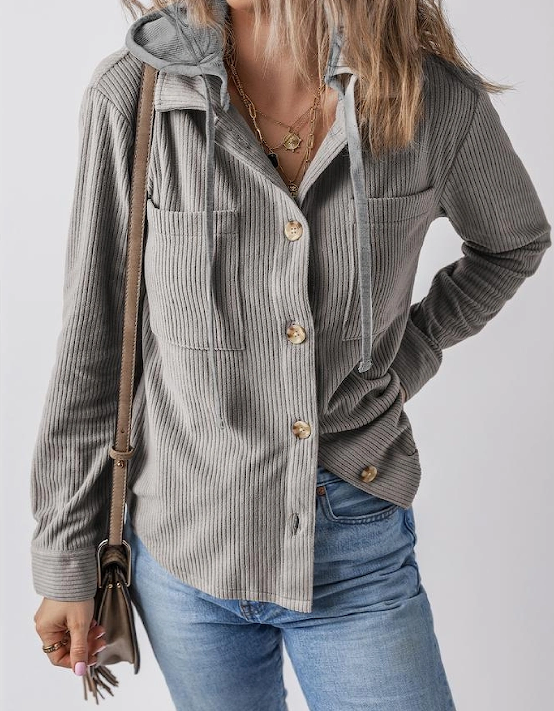 Light Grey Hooded Drawstring Pockets Corduroy Shacket