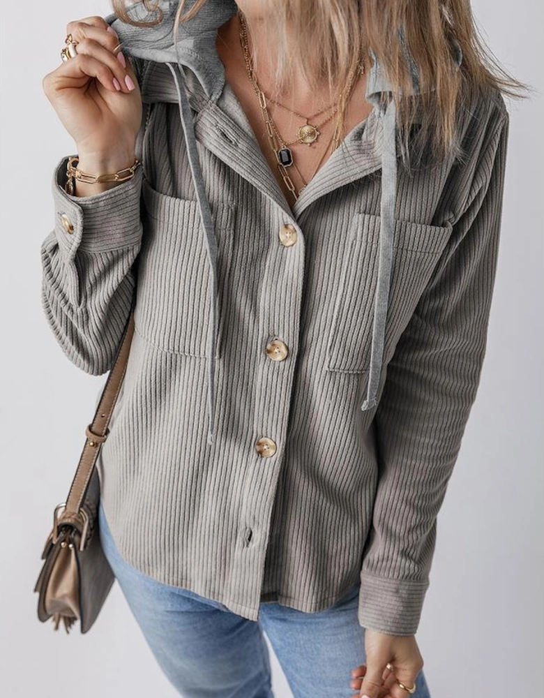 Light Grey Hooded Drawstring Pockets Corduroy Shacket