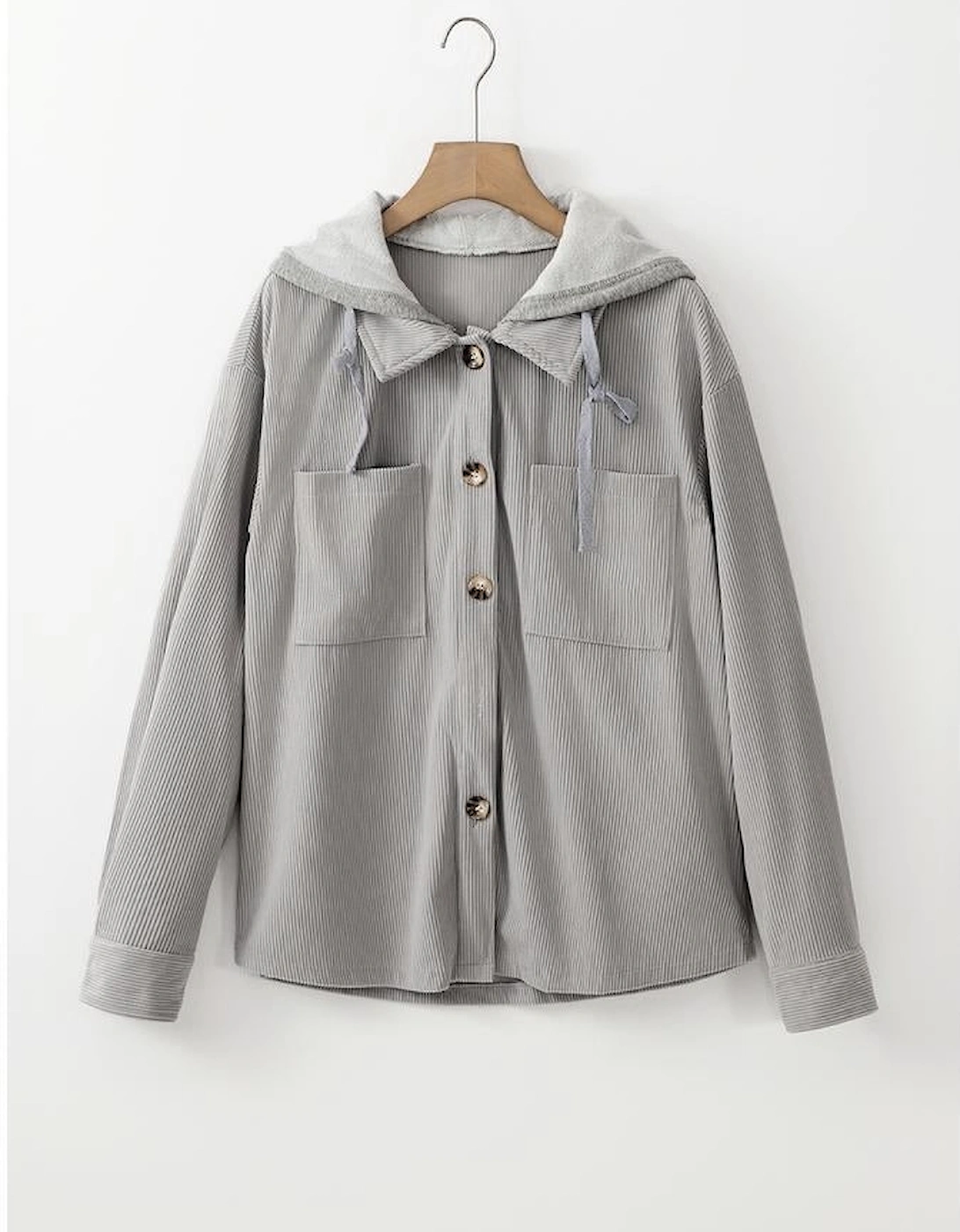 Light Grey Hooded Drawstring Pockets Corduroy Shacket