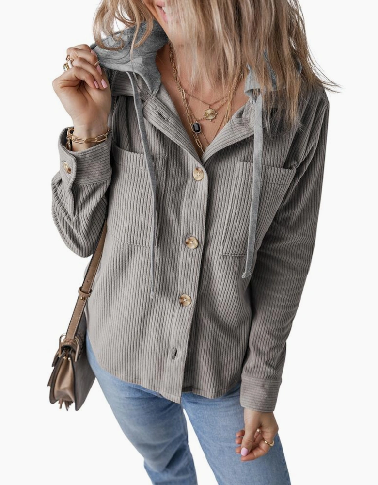 Light Grey Hooded Drawstring Pockets Corduroy Shacket