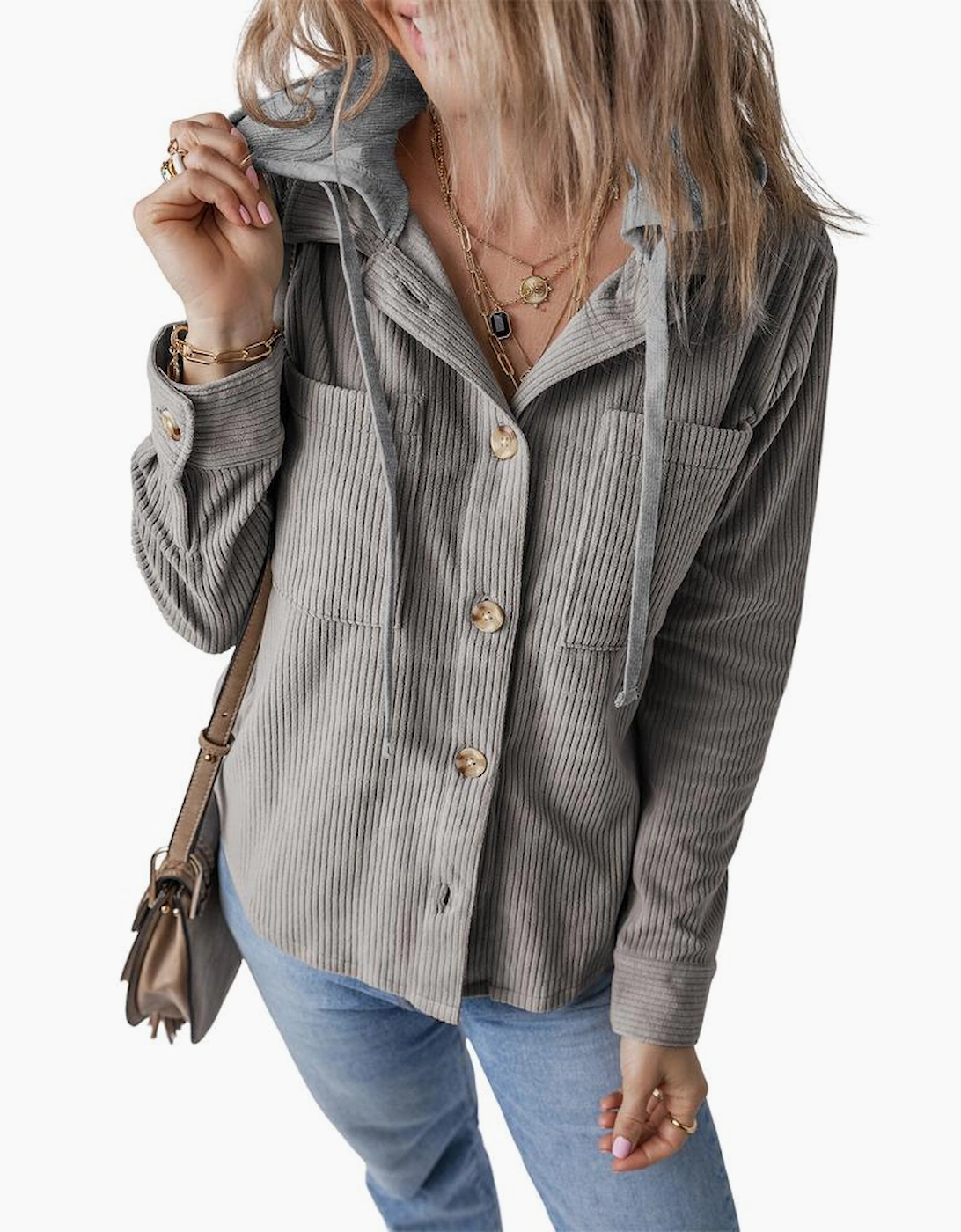 Light Grey Hooded Drawstring Pockets Corduroy Shacket
