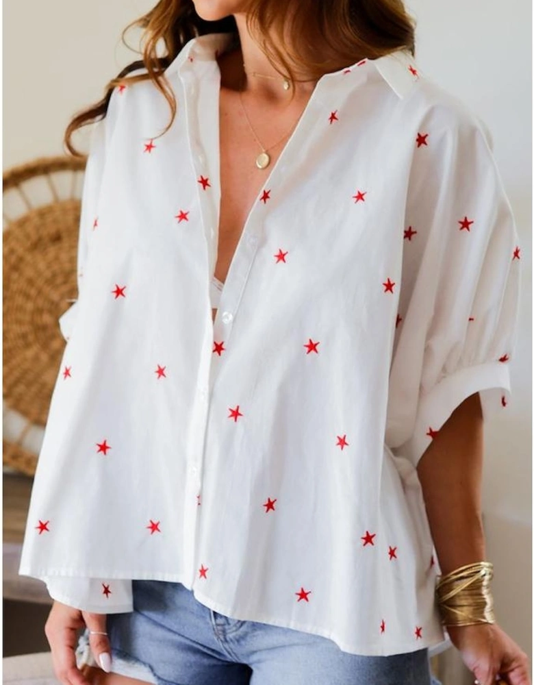 White Little Stars Printed Loose Half Sleeve Loose Shirt
