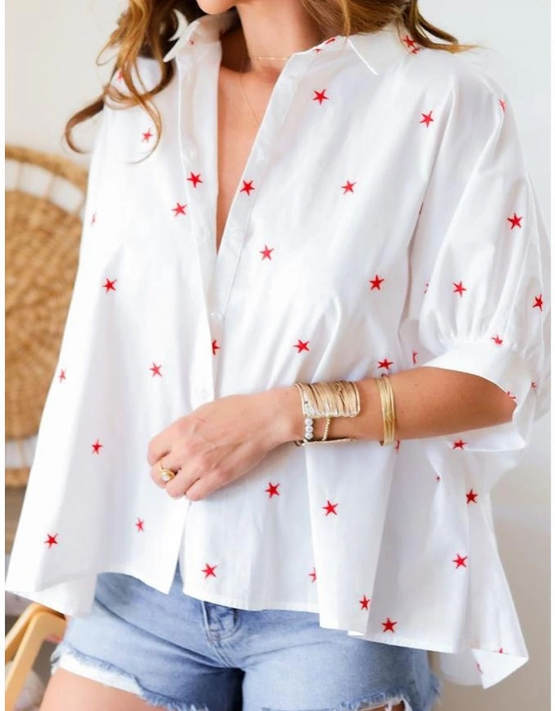 White Little Stars Printed Loose Half Sleeve Loose Shirt