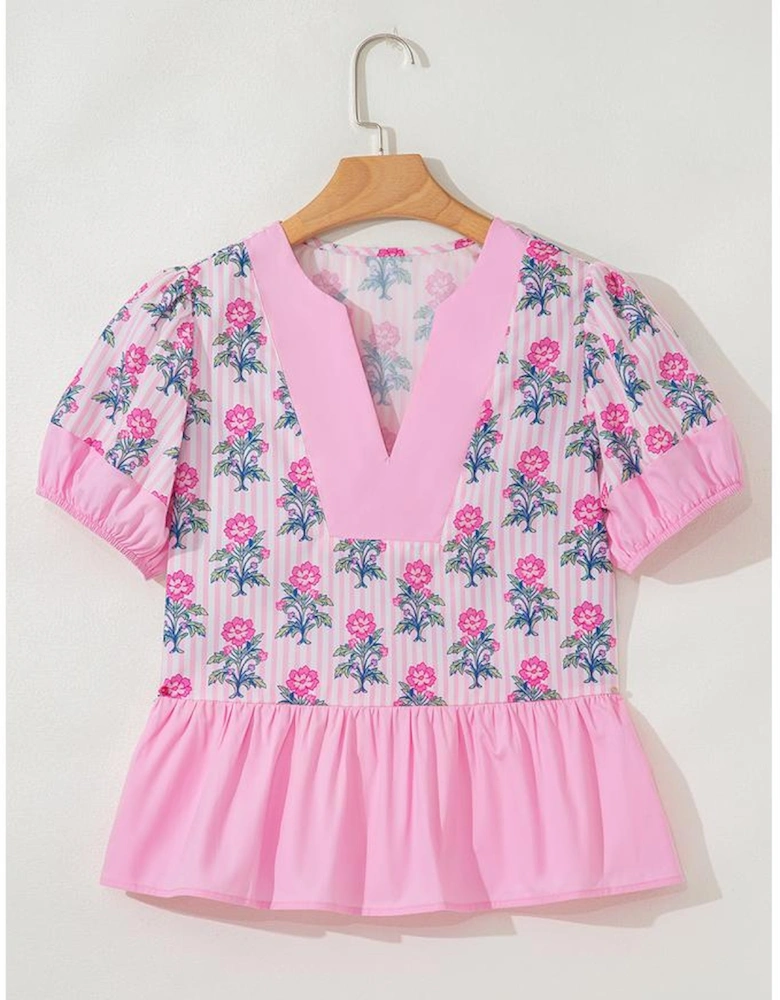 Rose Floral Striped Print Contrast Patchwork Ruffle Hem Blouse