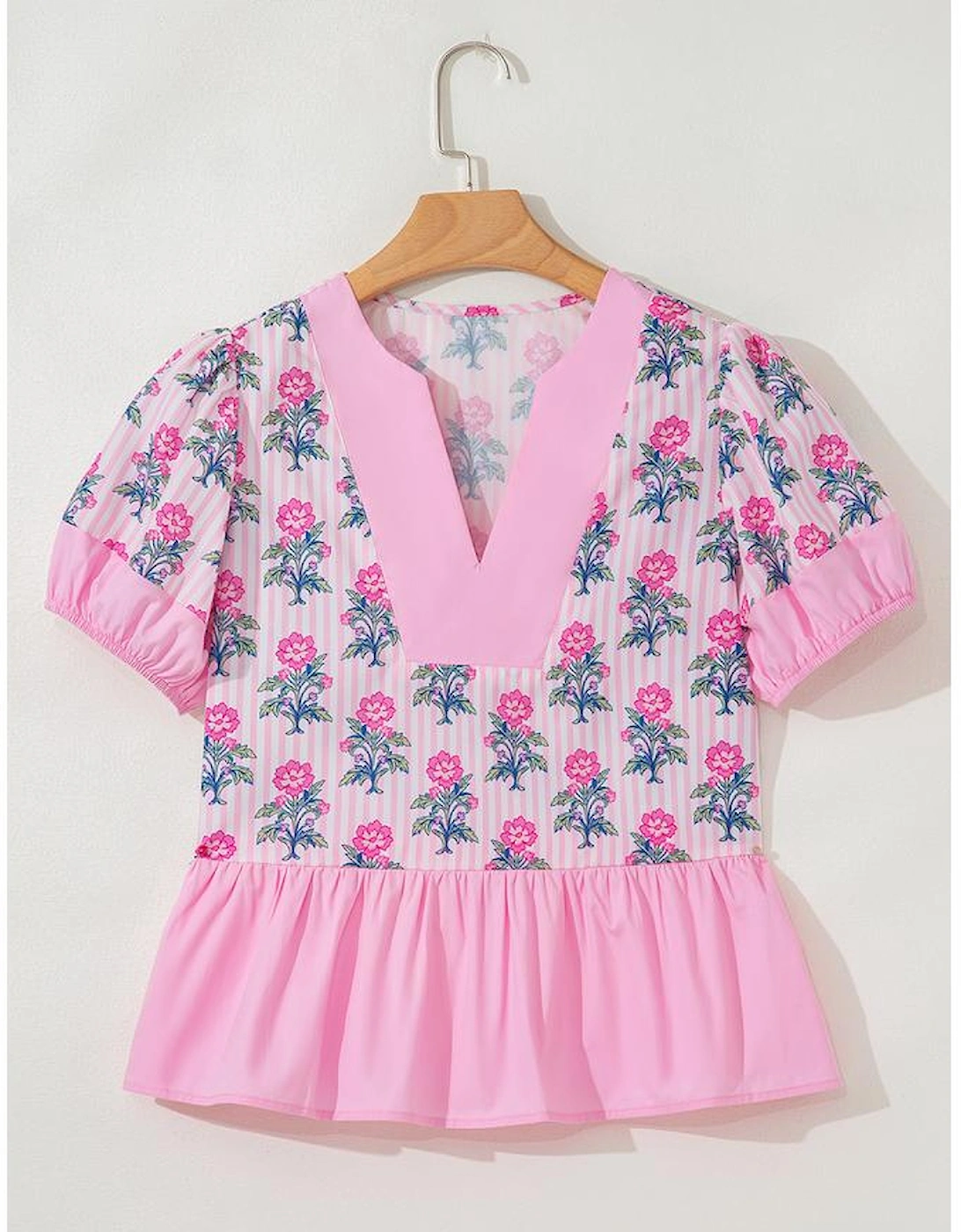 Rose Floral Striped Print Contrast Patchwork Ruffle Hem Blouse, 11 of 10