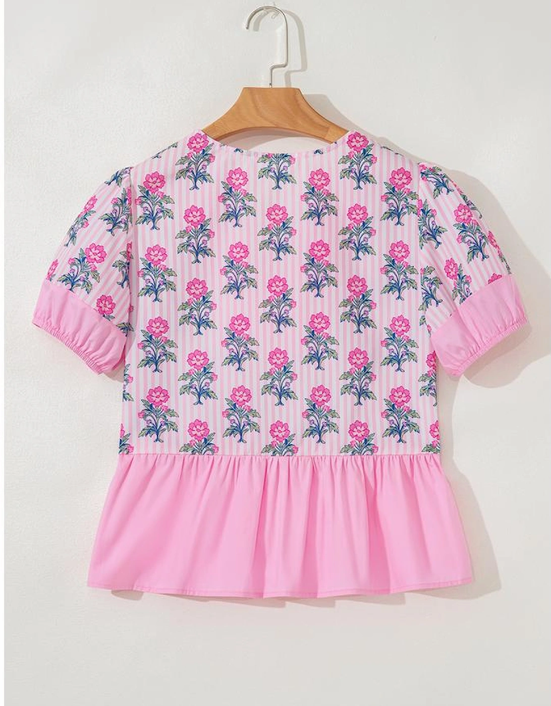 Rose Floral Striped Print Contrast Patchwork Ruffle Hem Blouse