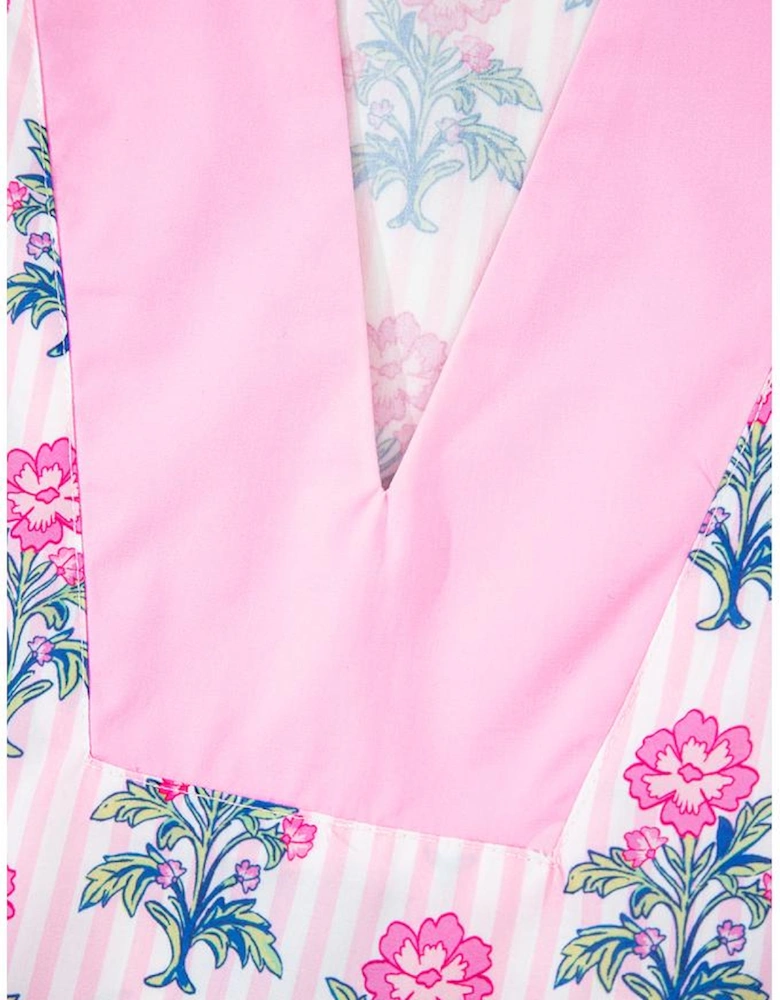 Rose Floral Striped Print Contrast Patchwork Ruffle Hem Blouse