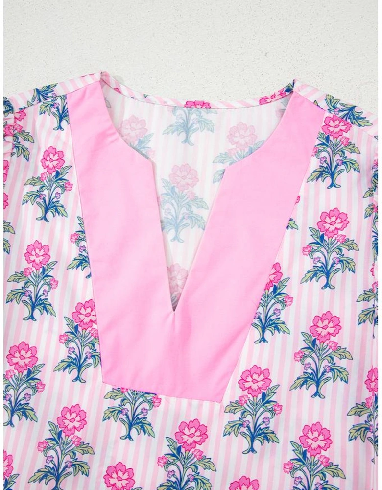 Rose Floral Striped Print Contrast Patchwork Ruffle Hem Blouse