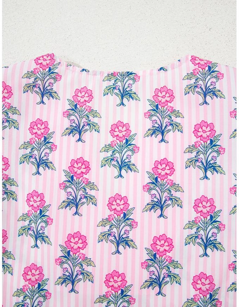 Rose Floral Striped Print Contrast Patchwork Ruffle Hem Blouse