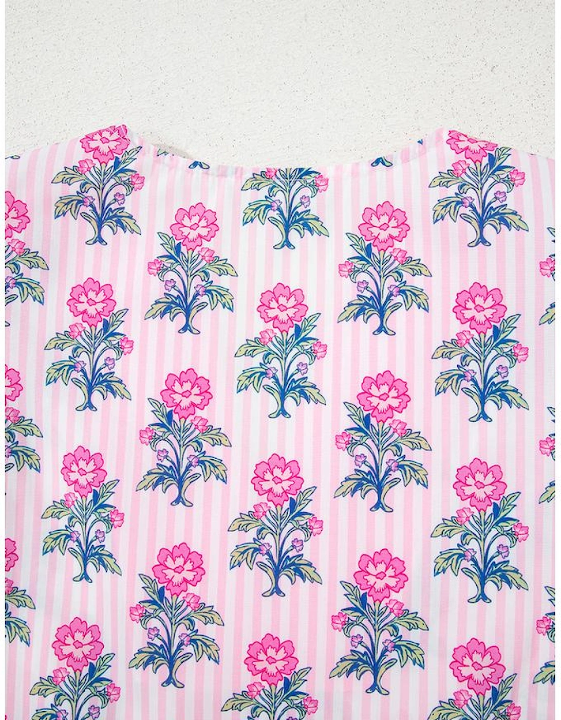 Rose Floral Striped Print Contrast Patchwork Ruffle Hem Blouse