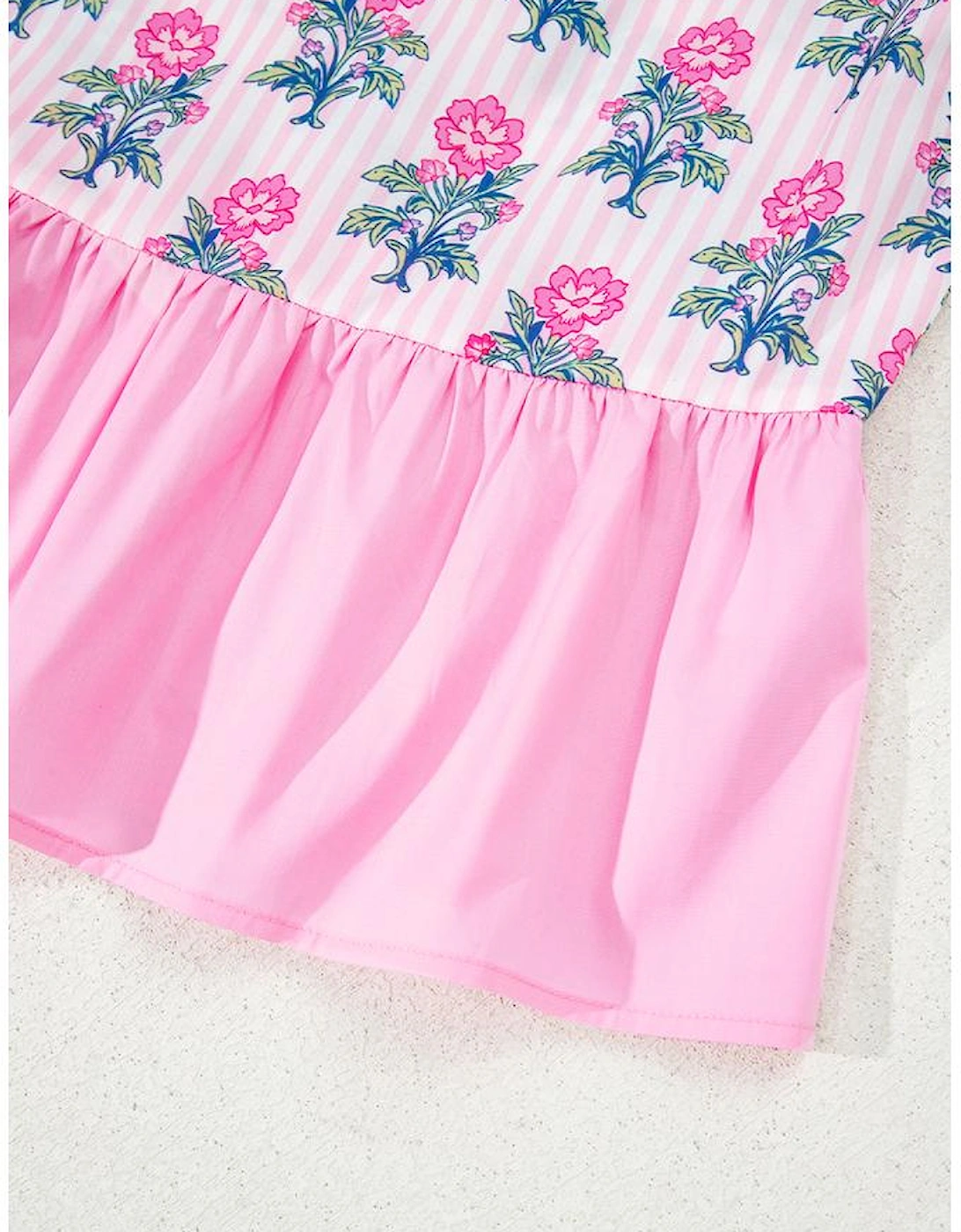 Rose Floral Striped Print Contrast Patchwork Ruffle Hem Blouse