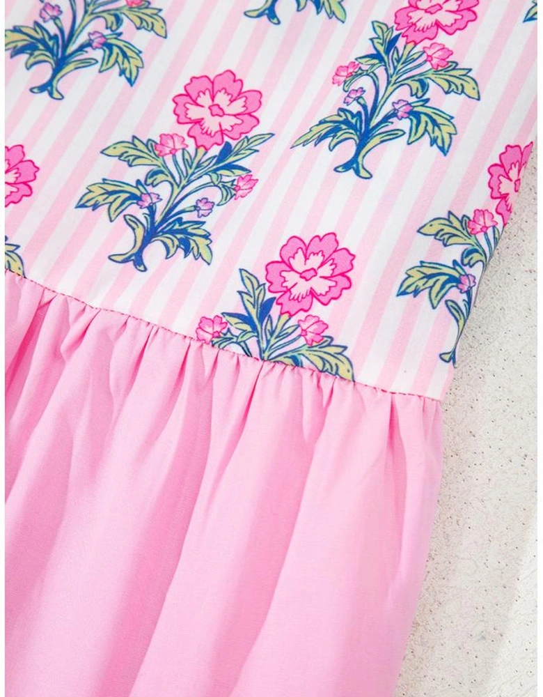 Rose Floral Striped Print Contrast Patchwork Ruffle Hem Blouse