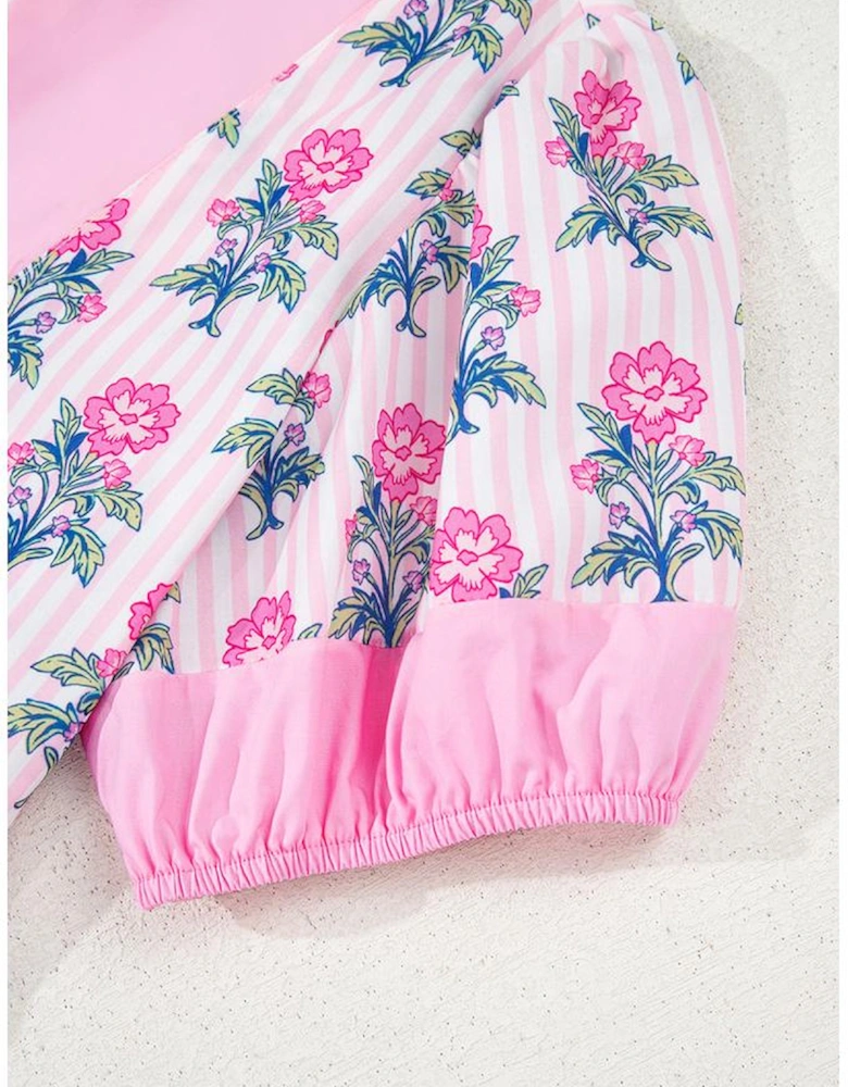 Rose Floral Striped Print Contrast Patchwork Ruffle Hem Blouse