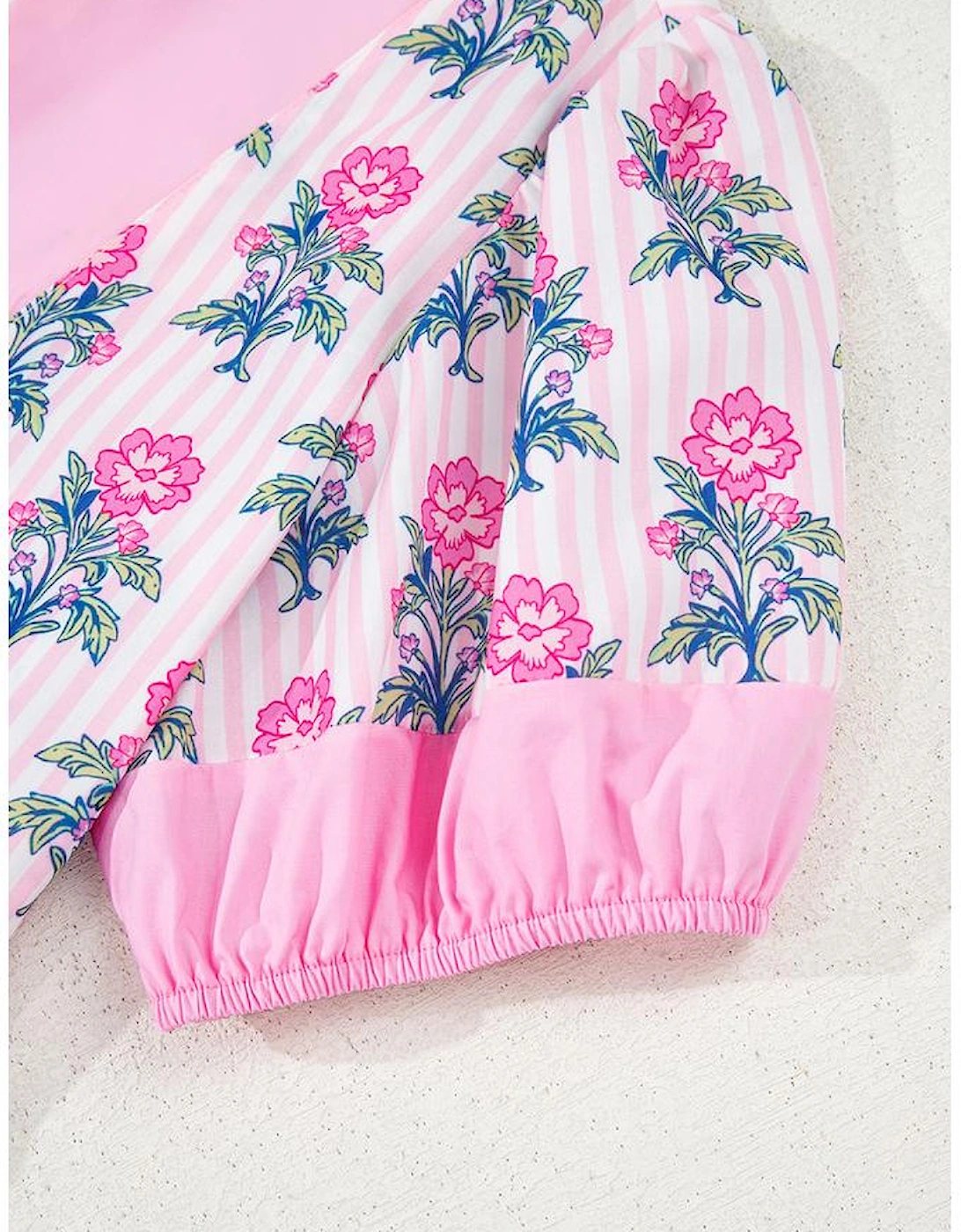 Rose Floral Striped Print Contrast Patchwork Ruffle Hem Blouse