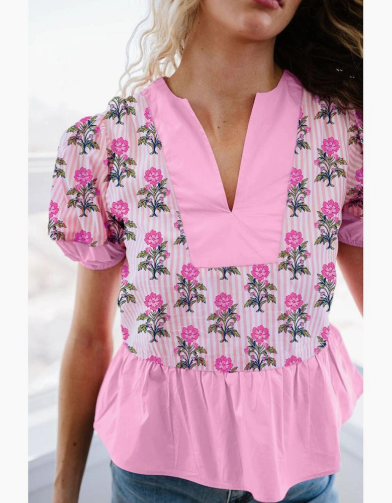 Rose Floral Striped Print Contrast Patchwork Ruffle Hem Blouse