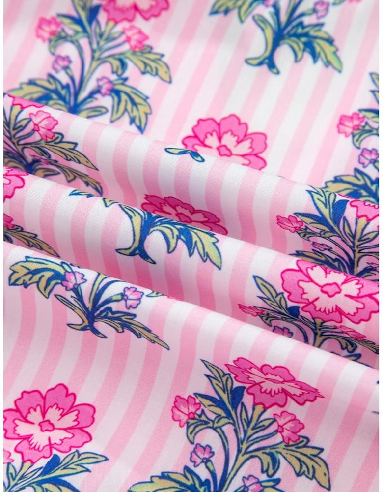 Rose Floral Striped Print Contrast Patchwork Ruffle Hem Blouse