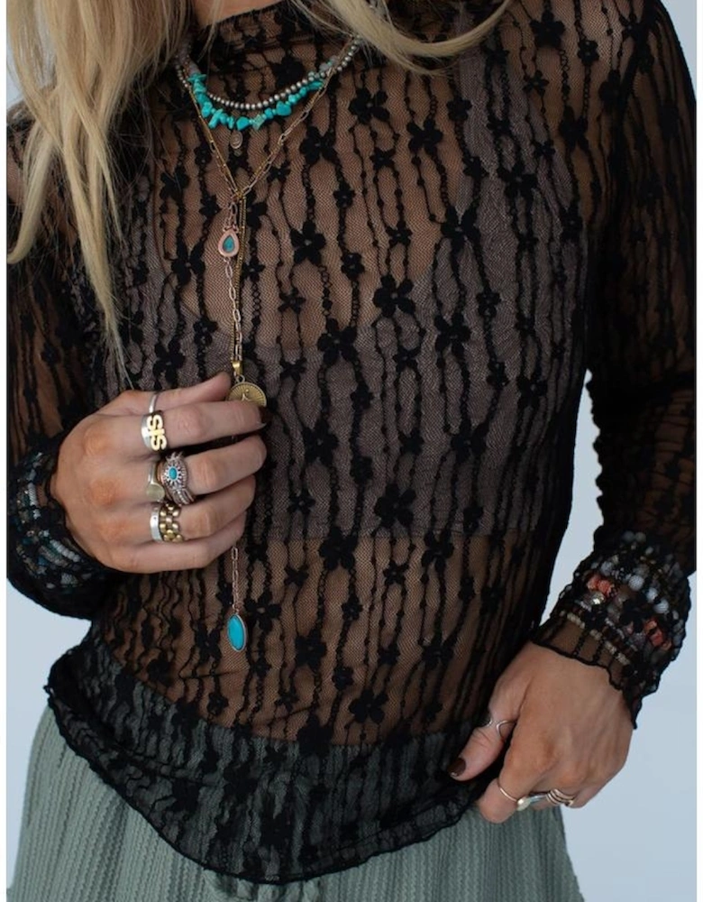 Black Sheer Floral Lace Long Sleeve Slim Fit Top