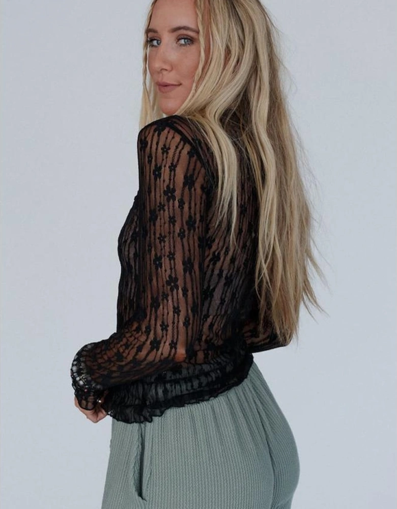 Black Sheer Floral Lace Long Sleeve Slim Fit Top