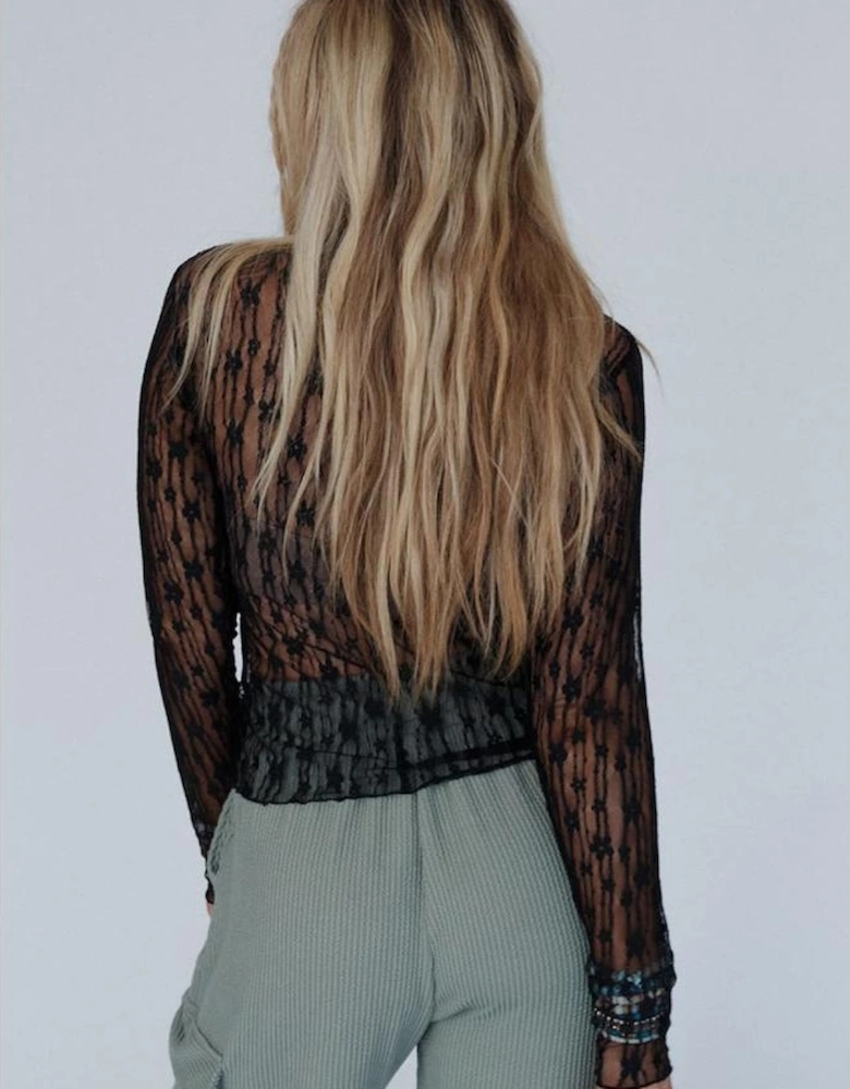 Black Sheer Floral Lace Long Sleeve Slim Fit Top