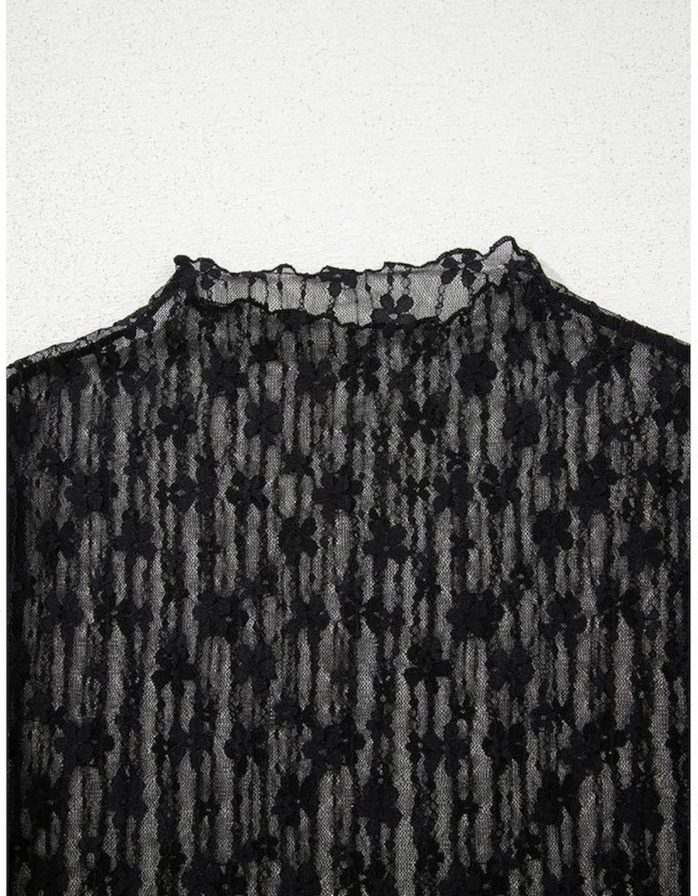 Black Sheer Floral Lace Long Sleeve Slim Fit Top