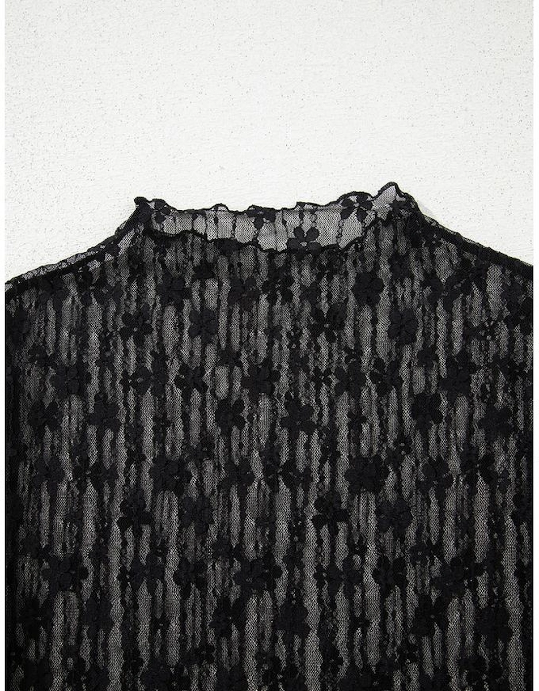 Black Sheer Floral Lace Long Sleeve Slim Fit Top